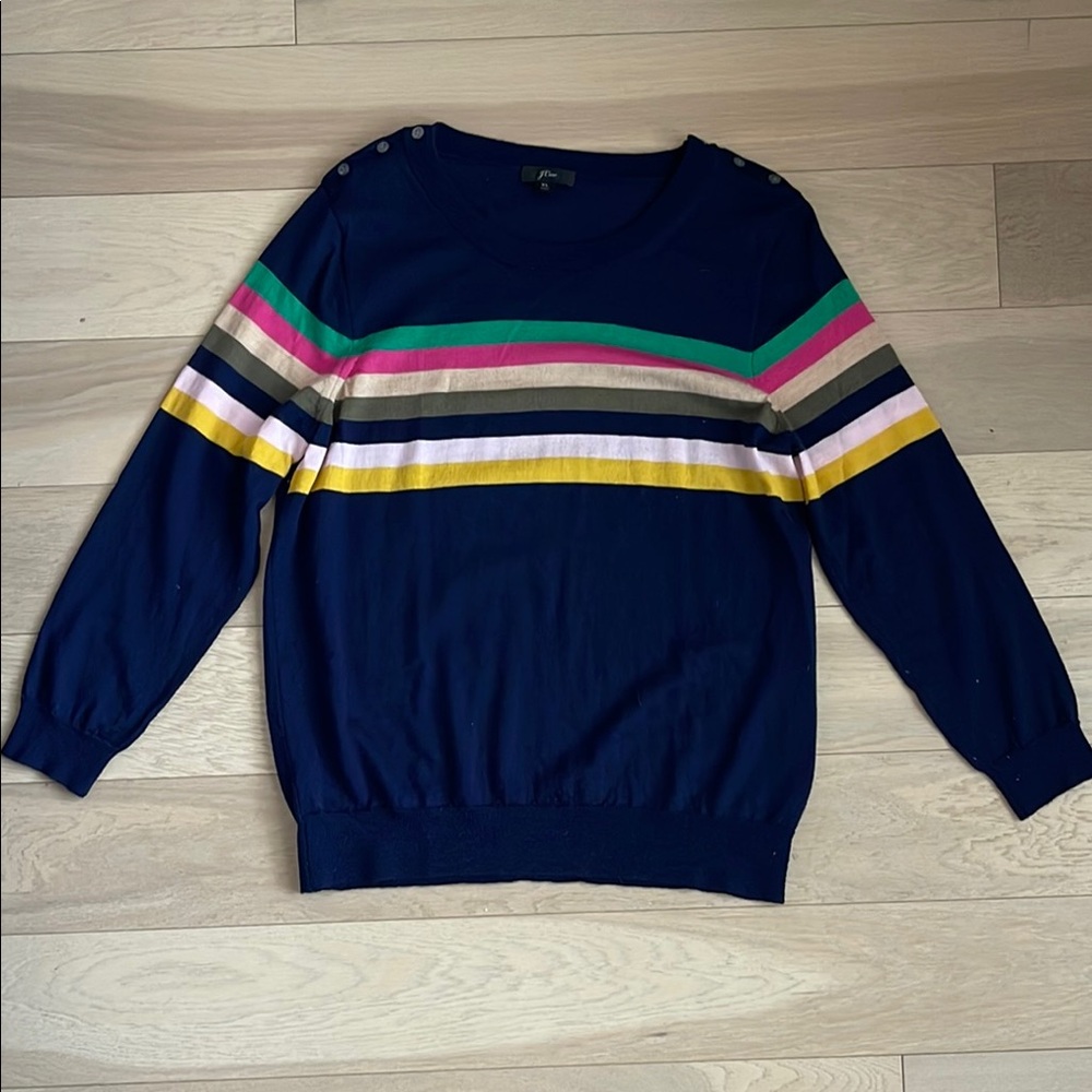 J. Crew Blue and Green Crew Neck Sweater with Ribbed Details